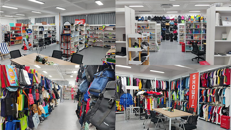 Promotional gift supplier showroom in China featuring custom bags, apparel, drinkware, and branded merchandise samples