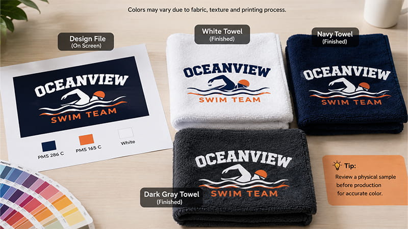 Digital logo artwork compared with color results on white, navy, and gray towels