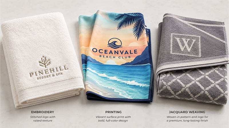 Towels customized with embroidery, full-color printing, and jacquard weaving