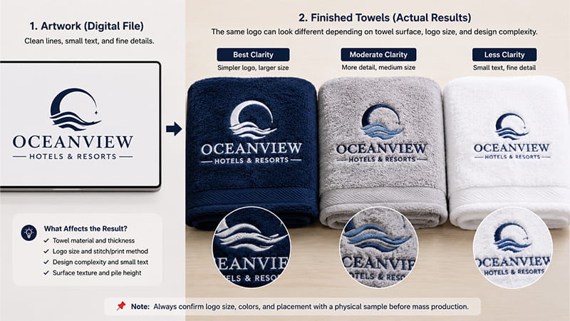 Digital logo artwork compared with finished towels at different logo sizes and detail levels