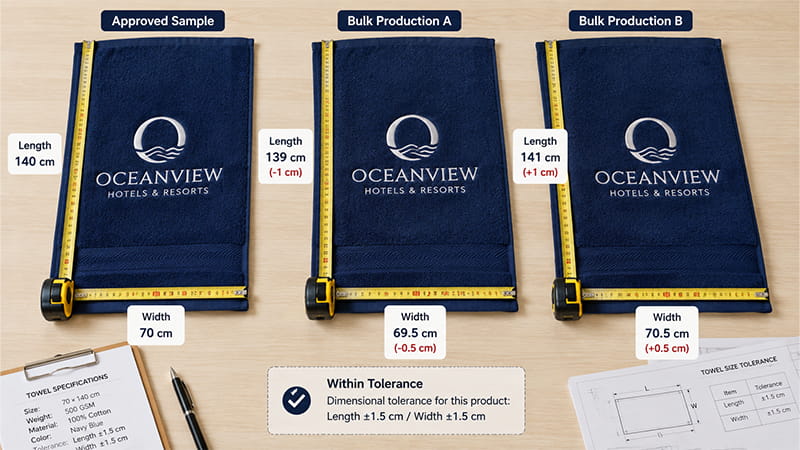 Approved towel sample compared with bulk towels measured within size tolerance
