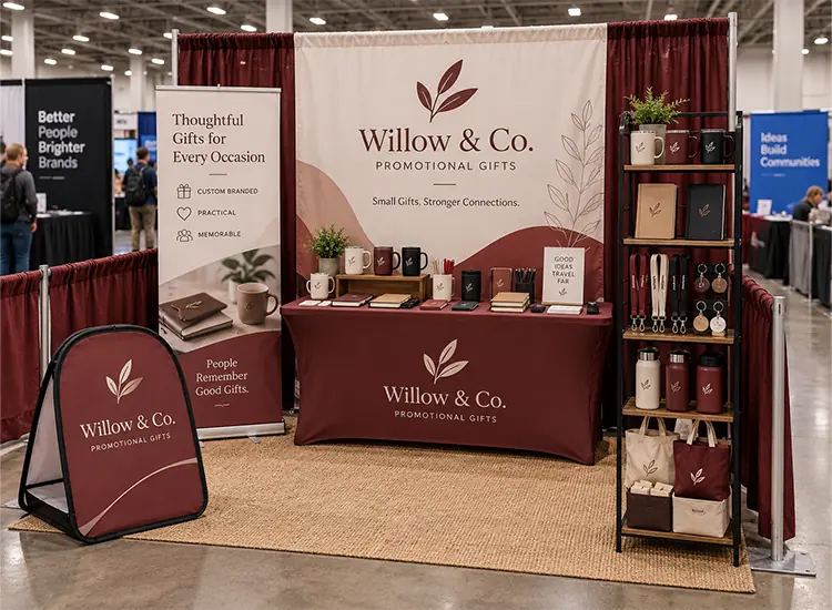 Compact trade show booth with a branded backdrop, table cover, retractable banner, A-frame sign, and promotional product display