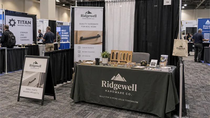 Small trade show booth with a branded table cover, retractable banner, product samples, and an A-frame sign