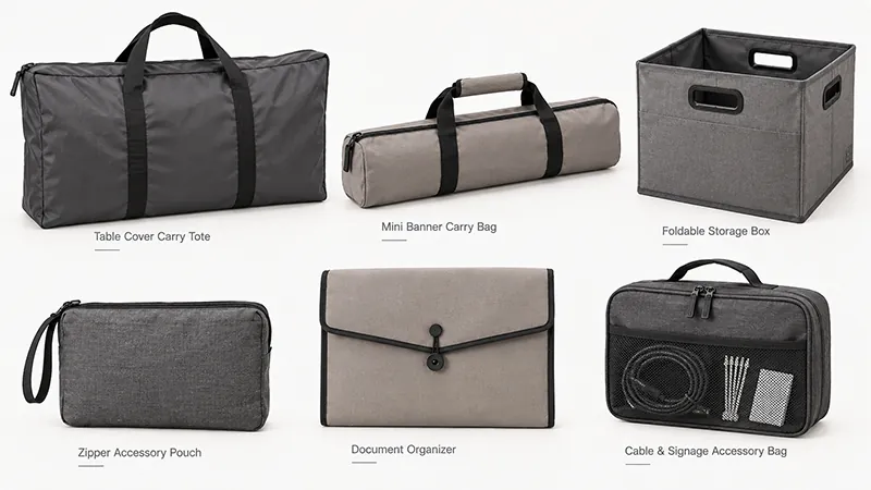 Carry bags, collapsible storage box, document organizer, and accessory pouches for packing booth equipment