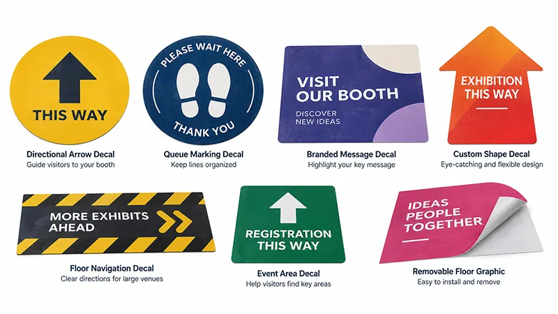 Removable floor decals with arrows, queue markers, booth messages, and registration directions