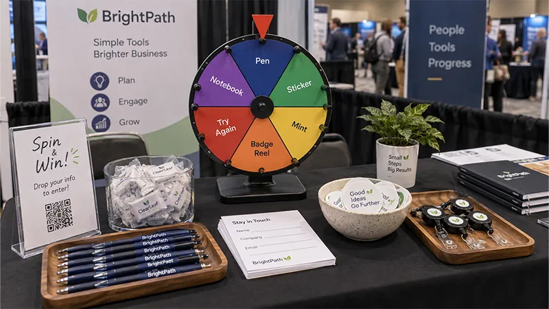 Prize wheel, lead form, and small giveaways arranged for a low-cost trade show booth activity