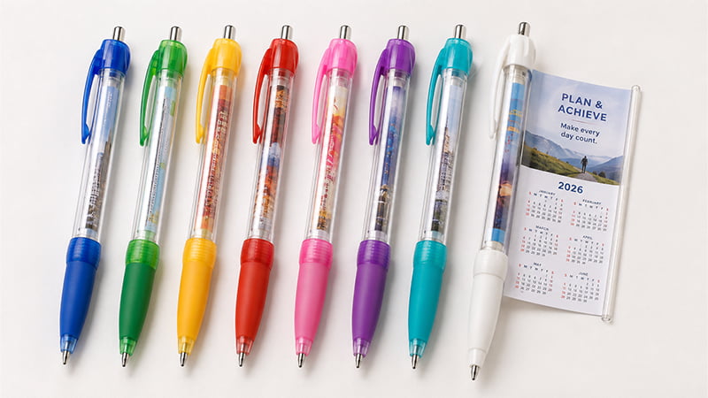 Transparent barrel pens with colorful inserts and a pull-out calendar