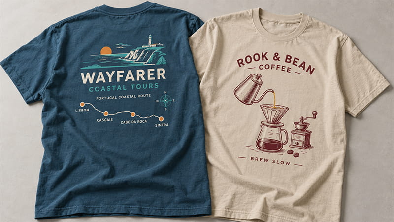 Travel-inspired T-shirt design featuring a route, destination graphics, and location-based artwork.