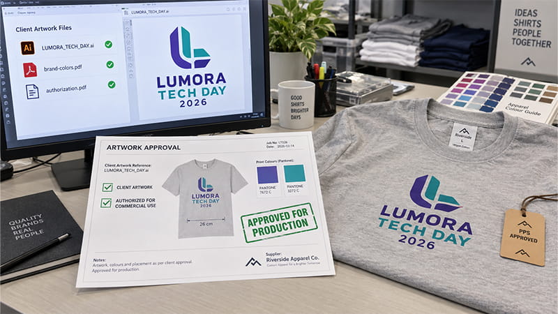 T-shirt artwork approval process checking design files, brand authorization, and commercial-use permission.