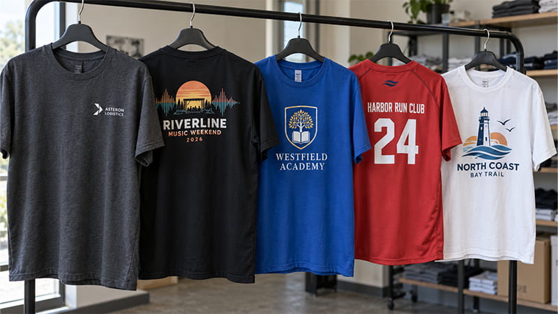 T-shirt design examples for different audiences including employees, events, schools, sports, and merchandise.