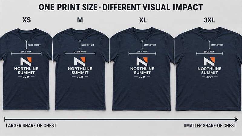 T-shirt print size comparison showing how the same artwork appears across different garment sizes.