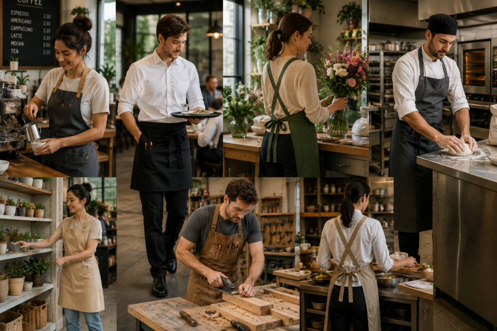 Different types of aprons worn by baristas, servers, florists, chefs, and workshop staff, including bib, waist, cross-back, and work aprons.