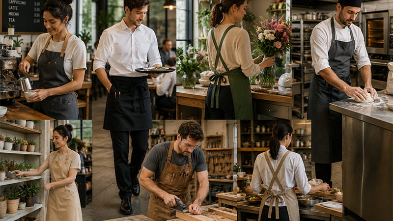 Different types of aprons worn by baristas, servers, florists, chefs, and workshop staff, including bib, waist, cross-back, and work aprons.
