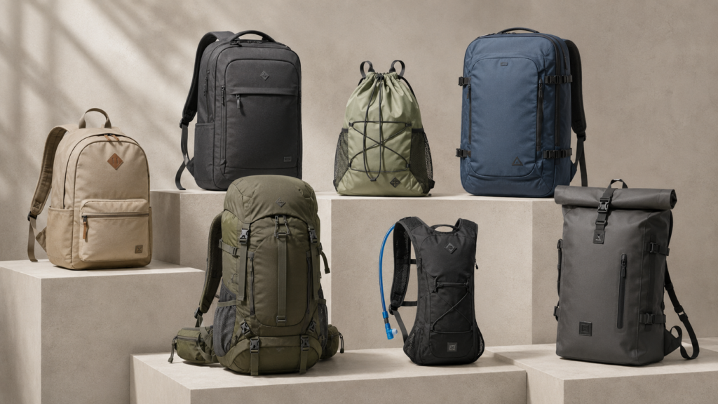 Different backpack styles including laptop, travel, drawstring, hiking and hydration backpacks