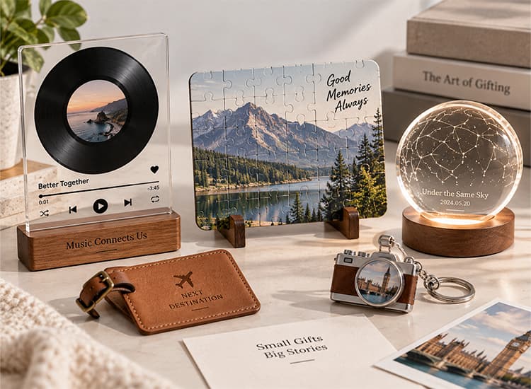 Personalized gift ideas including an acrylic music plaque, custom photo puzzle, constellation light, leather luggage tag, and photo keychain.