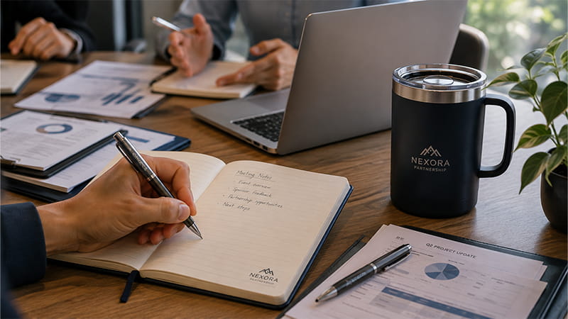 Useful sponsor gifts including a notebook, pen, and travel mug being used during a business meeting.
