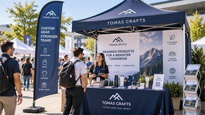 Promotional booth beside an event aisle with a branded canopy, tall flag, backdrop, table display, and visible signage.