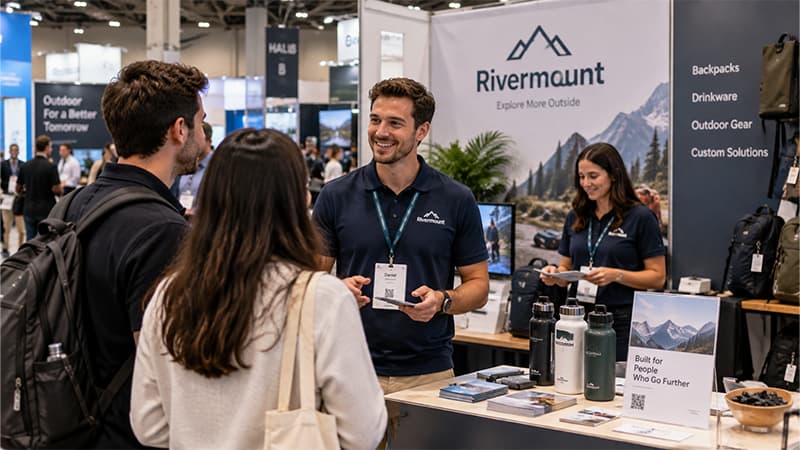Booth staff wearing matching branded shirts and badges while speaking with visitors near the product display.