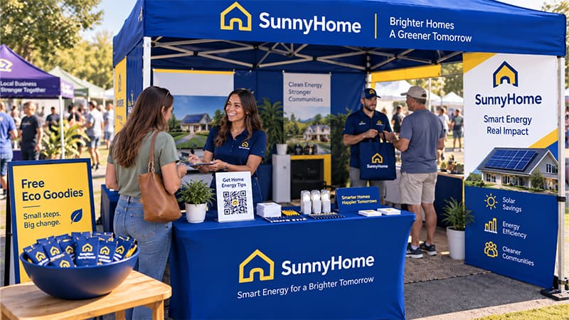 Vendor booth with promotional giveaways, a branded table, and a QR code sign while staff speak with event visitors.