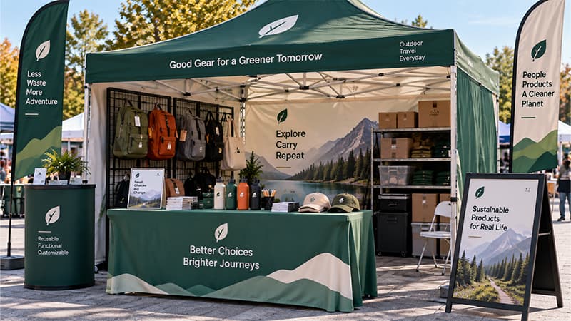 Outdoor market vendor booth with a branded canopy, feather flags, table cover, product displays, and an A-frame sign.