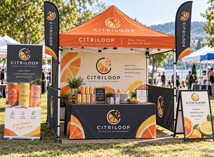 Outdoor vendor booth set up on grass with products shaded under a canopy, alongside feather flags, a retractable banner, and an A-frame sign.