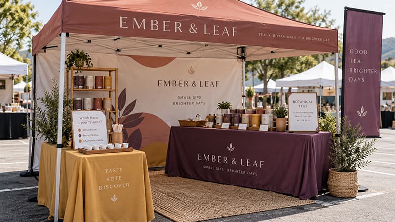 Product sampling booth with a taste-voting station and signs inviting visitors to try products and take part in the activity.