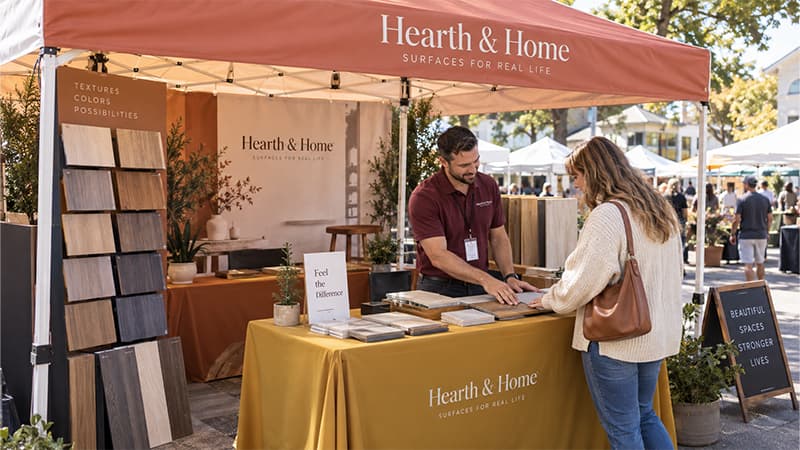 Home and lifestyle booth where a staff member demonstrates product samples to a visitor beside display boards and materials.