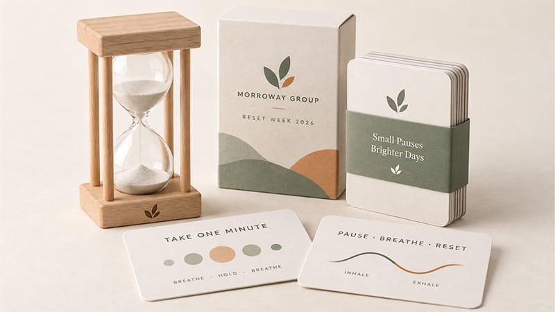 Visual pause tools including a sand timer, breathing cards, and simple prompts designed for short screen-free desk breaks.