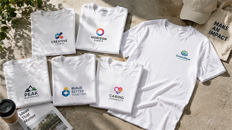White custom T-shirts with colorful logos arranged for promotional campaigns and team apparel
