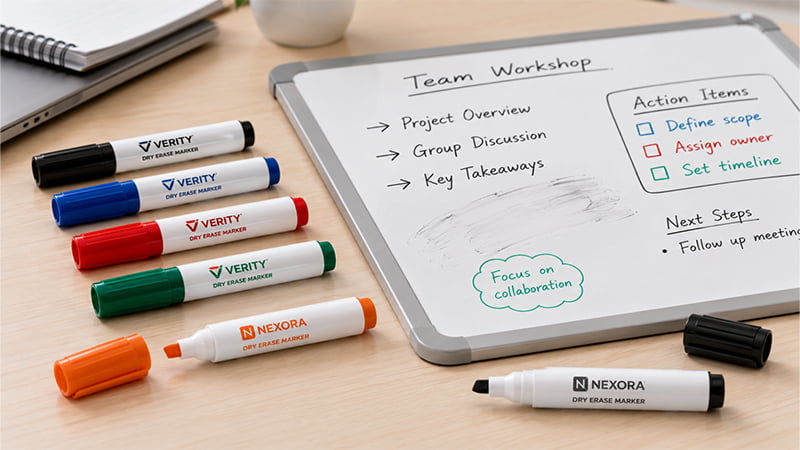 Colored whiteboard pens beside a team workshop board with notes and action items