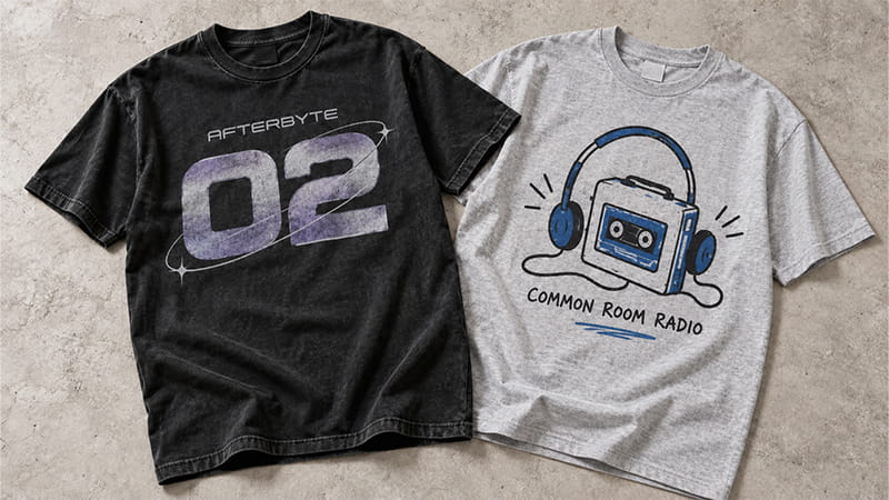 Y2K-inspired T-shirt design with oversized numbers, futuristic typography, and metallic-style graphics.