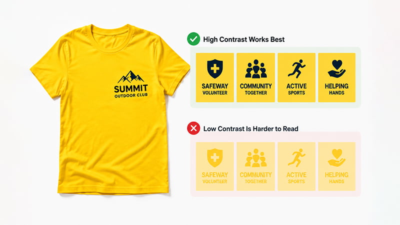Yellow T-shirt comparing readable black logos with low-contrast yellow logo designs
