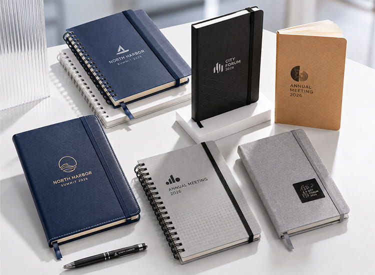 Custom A5 notebooks in hardcover, spiral, kraft paper, PU leather, and fabric cover styles