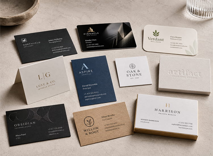 Different types of business cards in standard, vertical, square, rounded, folded, and textured styles