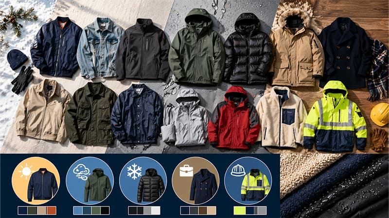 Jacket selector infographic with recommended jackets for mild, windy, rainy, and cold weather