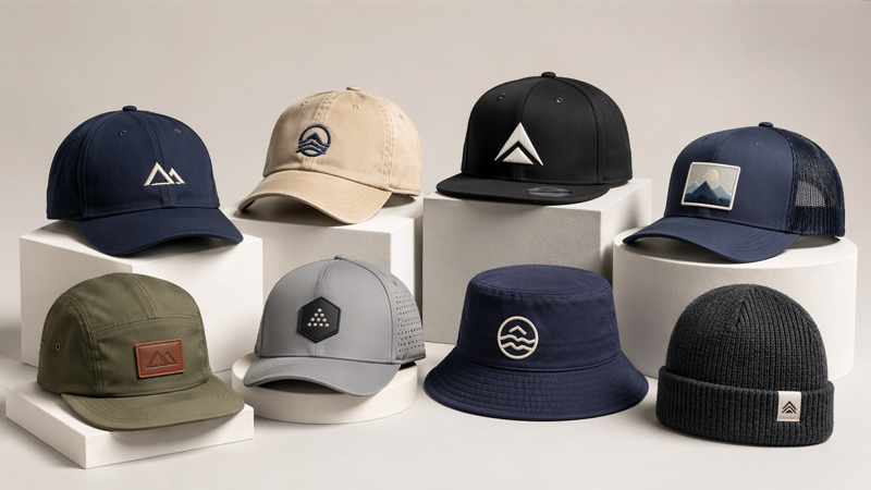 types of caps cover image showing custom baseball caps snapback trucker cap 5 panel cap bucket hat and beanie with different logo methods