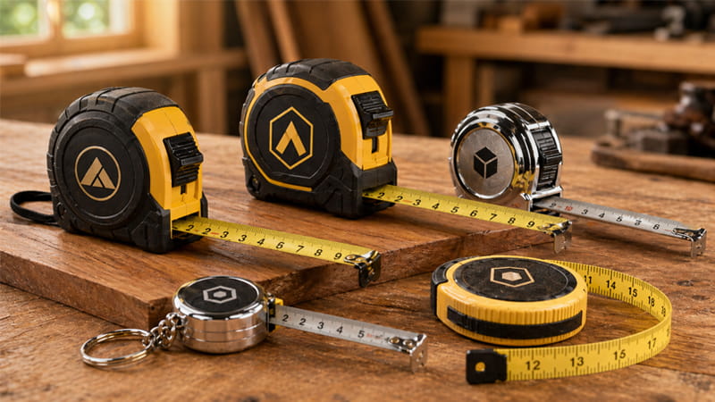 custom tape measure cover image showing multiple retractable keychain and flexible tape measures with different logo finishing methods