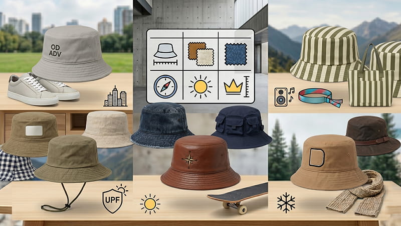 Bucket hat styles collage showing classic, outdoor, fashion, winter, and utility bucket hats in different materials and use cases.